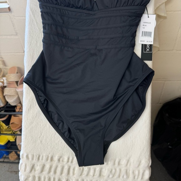 La Blanca black island goddess strappy one piece swimsuit low neck size 12 #361 - Picture 6 of 7